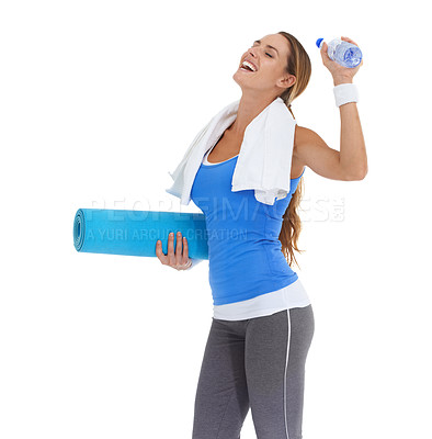 Buy stock photo Yoga mat, sports and young woman in studio for health, body or pilates workout. Fitness, towel and happy female person with equipment and water for exercise or training isolated by white background.