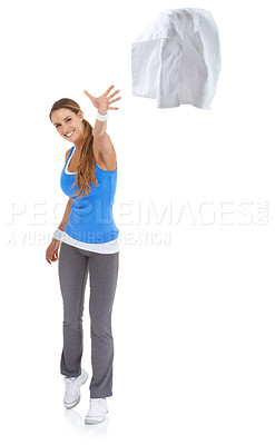 Buy stock photo Happy woman, portrait and throwing towel in fitness isolated on a white studio background. Female person or athlete smile with dry cloth for sweat after workout, exercise or training on mockup space