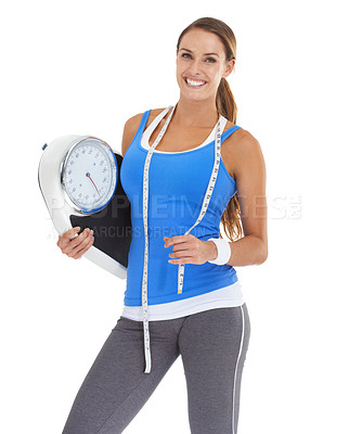 Buy stock photo Scale, fitness and woman in studio for training results, wellness and workout with measure tape and portrait. Happy sports person or model for diet, lose weight or body progress on a white background