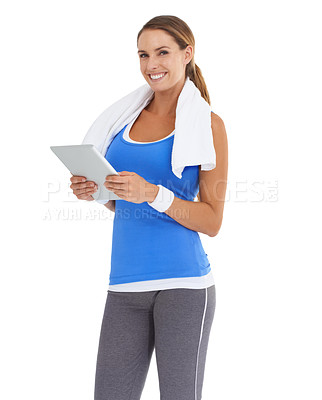 Buy stock photo Woman, fitness and tablet in studio for workout, training or wellness results, data or information on a white background. Portrait of a happy, sports model with digital technology for exercise blog