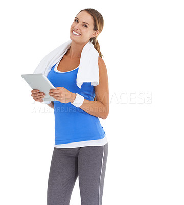 Buy stock photo Woman, training and tablet in studio for workout, fitness or wellness results, data and information on a white background. Portrait of a happy, sports model with digital technology for exercise blog