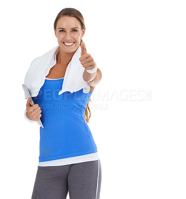 Buy stock photo Happy woman, portrait and thumbs up for fitness, winning or good job on a white studio background. Active female person smile with like emoji, yes sign or towel and tablet on mockup space for success