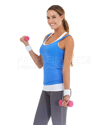 Buy stock photo Weights, sports and portrait of woman in a studio for arm strength workout, training or exercise. Smile, fitness and young female athlete with dumbbell equipment for muscle health by white background