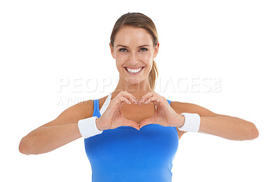 Buy stock photo Happy woman, portrait and heart hands for love or care in fitness isolated on a white studio background. Female person or athlete smile with like emoji, shape or symbol for romantic gesture on mockup