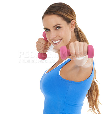 Buy stock photo Weights, fitness and young woman in a studio for arm strength workout, training or exercise. Smile, sports and portrait of female athlete with dumbbell equipment for muscle health by white background