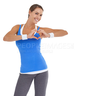 Buy stock photo Happy woman, portrait and heart hands for fitness, health and wellness isolated on a white studio background. Female person smile with like emoji, shape or symbol for romantic gesture on mockup space