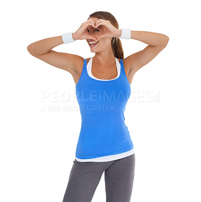 Buy stock photo Happy woman, portrait and heart hands in fitness for care, love or health and wellness on a white studio background. Female person smile with like emoji, shape or symbol in romantic gesture on mockup