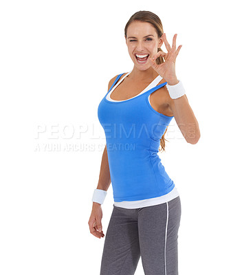 Buy stock photo Happy woman, portrait and ok sign for fitness, care or love in health and wellness on a white studio background. Female person smile with like emoji, shape or symbol for perfect gesture on mockup