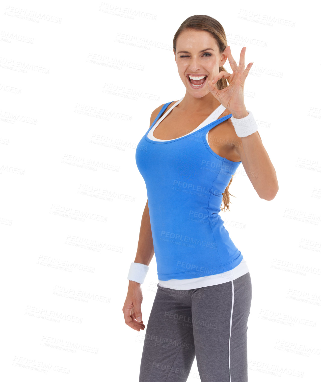 Buy stock photo Happy woman, portrait and ok sign for fitness, care or love in health and wellness on a white studio background. Female person smile with like emoji, shape or symbol for perfect gesture on mockup