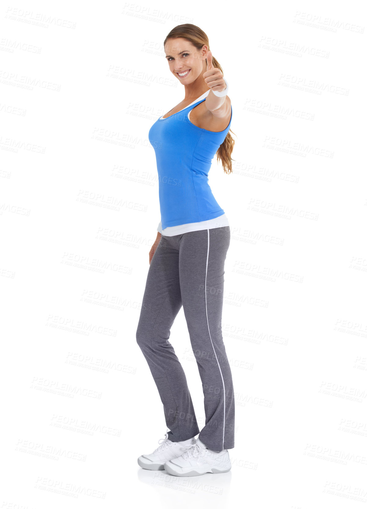 Buy stock photo Happy woman, portrait and thumbs up for fitness, good job or winning on a white studio background. Active female person smile with like emoji, yes sign or OK in approval on mockup space for success