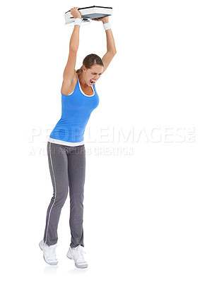 Buy stock photo Angry woman, weight loss and throwing scale on ground isolated on a white studio background. Frustrated female person upset with body, disappointment or furious from diet or breakdown on mockup space