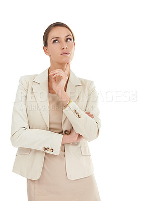 Buy stock photo Business woman, thinking with ideas and insight for company, future and brainstorming on white background. Mockup space, professional with inspiration and remember decision in studio for corporate