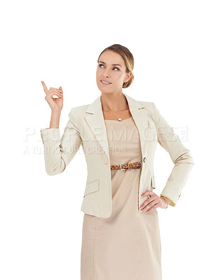 Buy stock photo White background, space or businesswoman in studio pointing up to loan offer or about us. Presentation, ideas or financial advisor showing a sales discount, promotion announcement or investment news