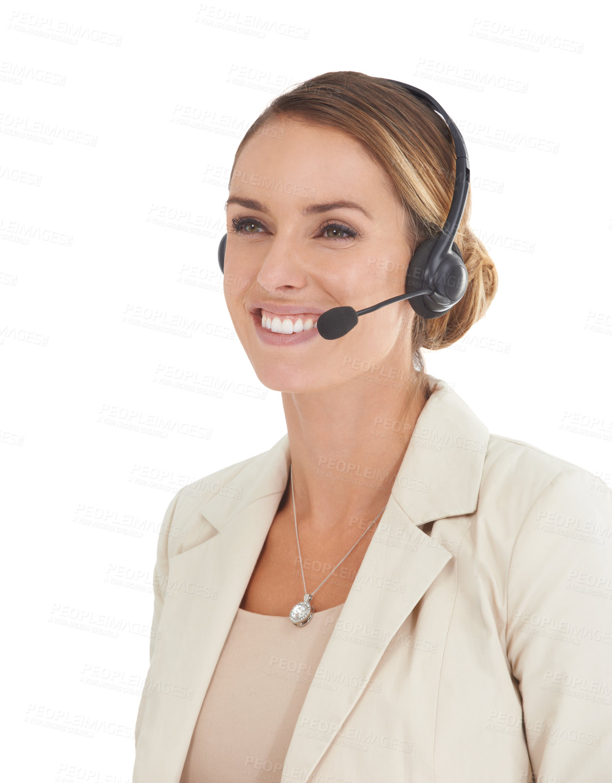 Buy stock photo Call center, smile and consulting with woman in studio for communication, contact us and customer service. Digital, technology and crm with female employee isolated on white background for mockup