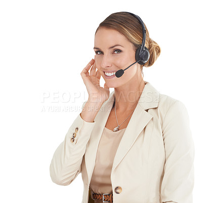 Buy stock photo Call center, smile and portrait of woman in studio for communication, contact us and customer service. Digital, technology and connection with female employee isolated on white background for mockup