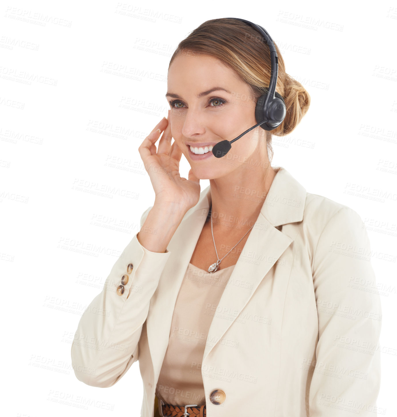 Buy stock photo Call center, smile and headset with woman in studio for communication, contact us and customer service. Digital, technology and connection with female employee isolated on white background for mockup