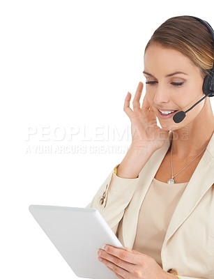 Buy stock photo Call center, consulting and tablet of woman in studio for communication, contact us or customer service. Digital, technology or connection with female employee isolated on white background for mockup