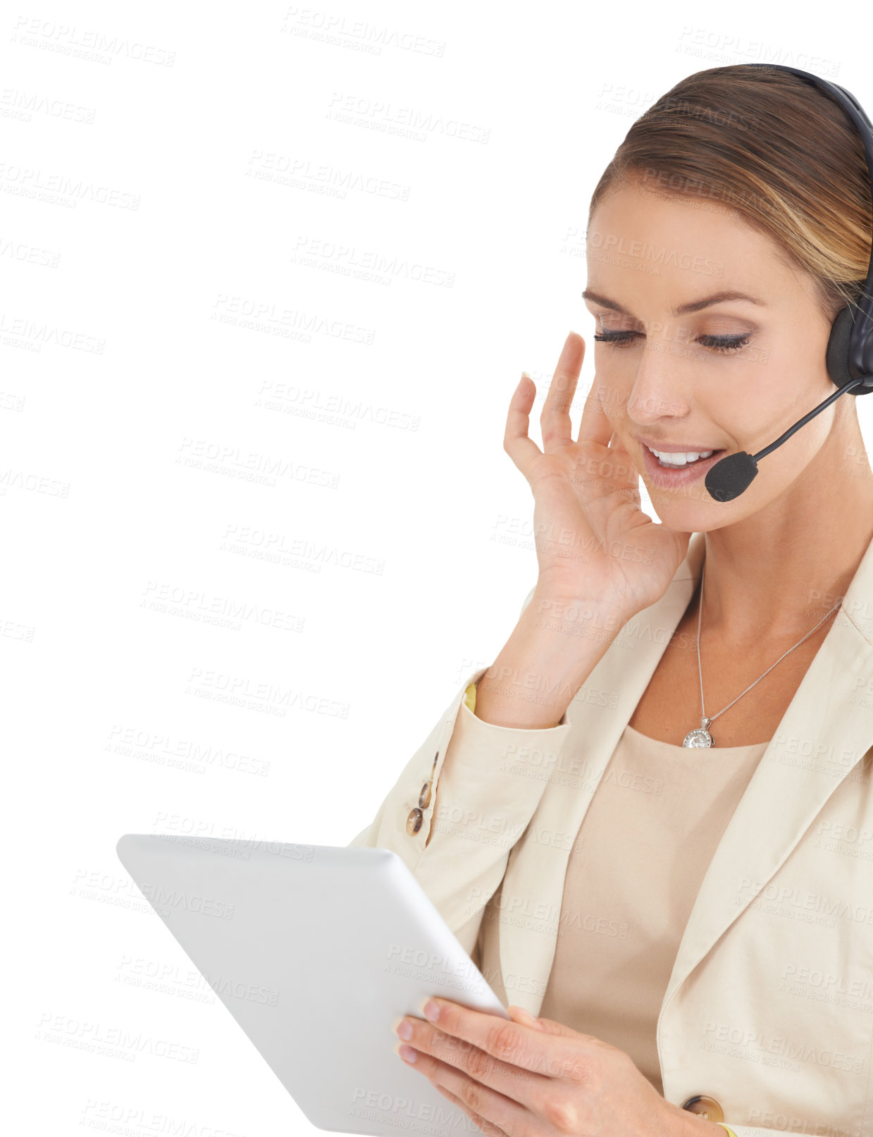 Buy stock photo Call center, consulting and tablet of woman in studio for communication, contact us or customer service. Digital, technology or connection with female employee isolated on white background for mockup