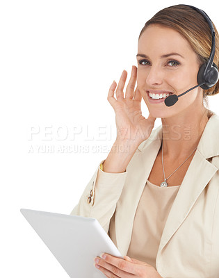 Buy stock photo Call center, tablet and portrait of woman in studio for communication, contact us and customer service. Digital, technology and connection with female employee isolated on white background for mockup