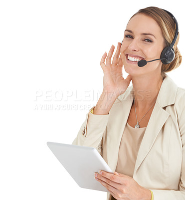 Buy stock photo Call center, tablet and smile with portrait of woman in studio for communication, contact us or customer service. Digital, technology and advisor with employee isolated on white background for mockup