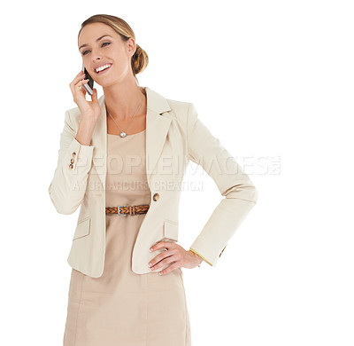 Buy stock photo Smile, business or woman in studio on a phone call talking, networking or speaking of news. White background, communication or happy entrepreneur in conversation, discussion or negotiation offer