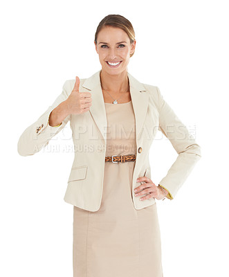 Buy stock photo Portrait, smile or businesswoman in studio for thumb up sign isolated on white background. Happy, lady or confident female manager with pride, success or hands gesture for approval, agreement or yes