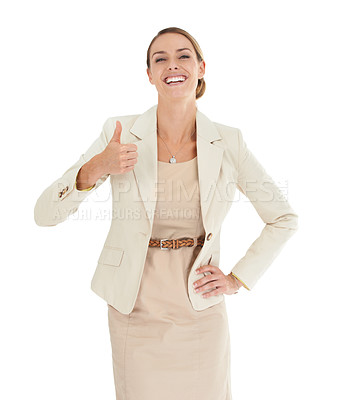 Buy stock photo Portrait, laughing or businesswoman in studio for thumb up sign isolated on white background. Happy, lady or confident female manager with pride, smile or hands gesture for approval, agreement or yes