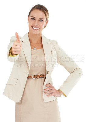 Buy stock photo Portrait, smile or happy businesswoman with thumb up, good deal or ok sign isolated in studio. White background, like or confident worker with pride or hands gesture for approval, agreement or yes