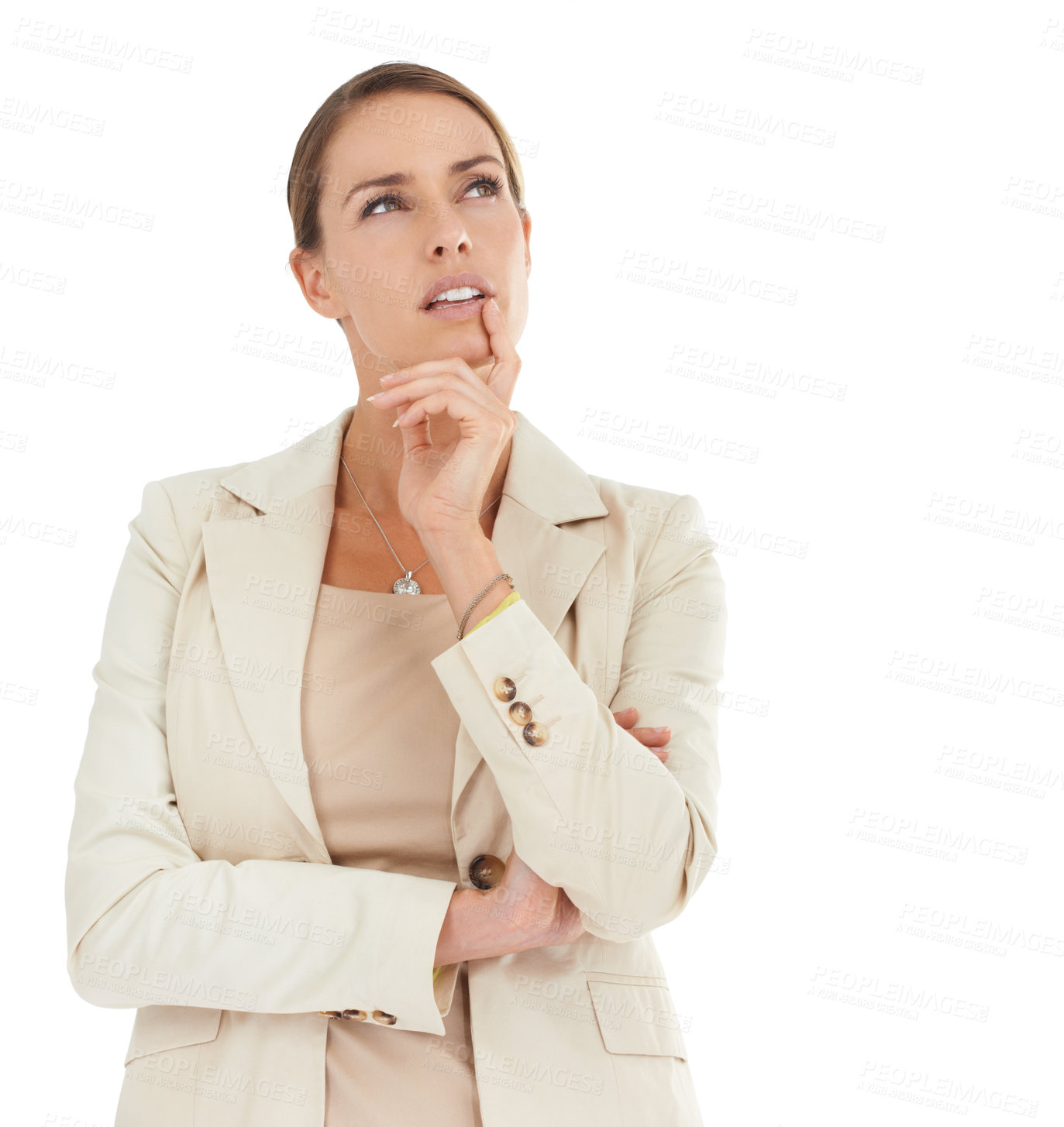 Buy stock photo An attractive businesswoman looking thoughtful with her hand on her chin