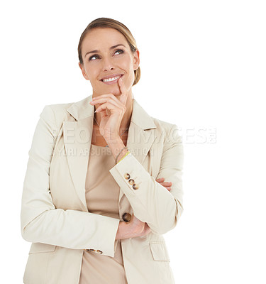 Buy stock photo Smile, ideas or businesswoman in studio thinking of problem solving or space on white background. Happy, solution or confused attorney or lawyer contemplating thought, choice or option for decision
