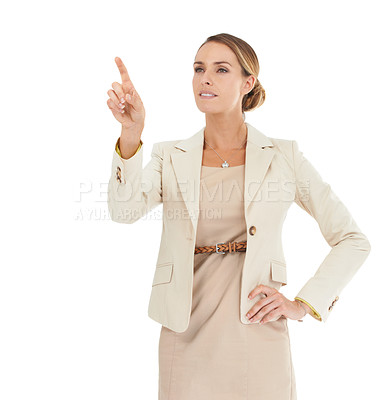 Buy stock photo Businesswoman, air or finger for touch interface, system or login to internet access or digital future. Dashboard, studio or press gesture on virtual innovation, web technology on white background