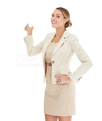 Buy stock photo Hand, presentation or portrait of businesswoman with mockup space, offer or about us. White background, studioor happy advisor showing a sales discount, promotion announcement or investment news