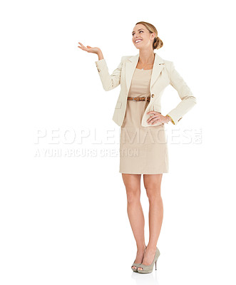 Buy stock photo Hand, mockup or happy businesswoman with marketing space, offer or launch presentation. White background, studio or female advisor showing a sales discount, promotion announcement or investment news