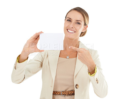 Buy stock photo Pointing, portrait or businesswoman with card mockup for a sale, promotion offer or advertising deal. Signage, plain bulletin board or happy lady with blank space in studio on white background 