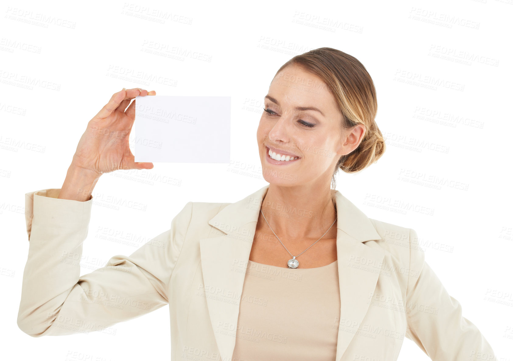 Buy stock photo Mockup, smile or happy woman with business card for a sale, promotion offer or logo advertising deal. Show, plain bulletin board or entrepreneur with blank signage space in studio on white background