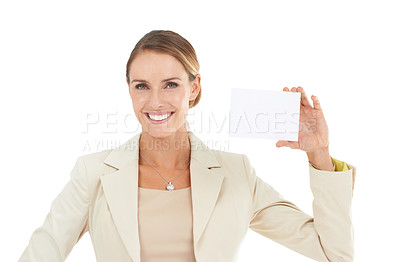 Buy stock photo Space, portrait or happy woman with business card for a sale, promotion offer or logo advertising deal. Smile, empty bulletin board or lady with blank signage mockup in studio on white background 