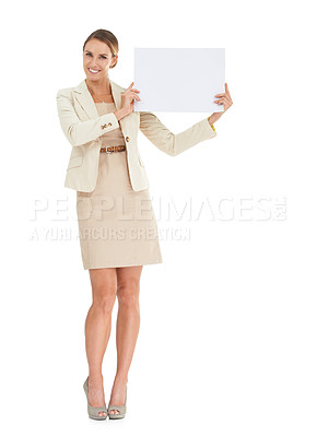 Buy stock photo Professional woman, poster space and presentation for advertising job opportunity, news or information in studio. Portrait of business or HR person with paper and career mockup on a white background