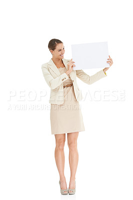 Buy stock photo Business woman, poster mockup and studio presentation for advertising opportunity, news or job information. Happy professional worker, secretary or person with paper and space on a white background