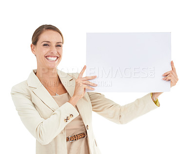 Buy stock photo Business woman, poster mockup and studio presentation for advertising opportunity, news or information. Portrait of professional or face of happy person with paper space or sale on a white background