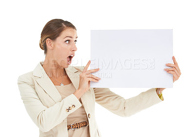 Buy stock photo Surprise, space or businesswoman with banner mockup for a sale, promotion offer or logo advertising deal. Wow, plain bulletin board or excited lady with blank signage in studio on white background 