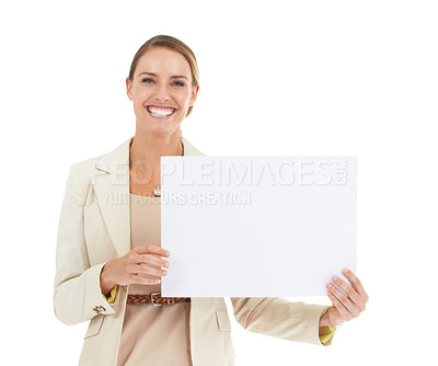 Buy stock photo Professional woman, poster mockup and studio presentation for advertising opportunity, news or information. Portrait of business or face of happy person with paper space or sale on a white background