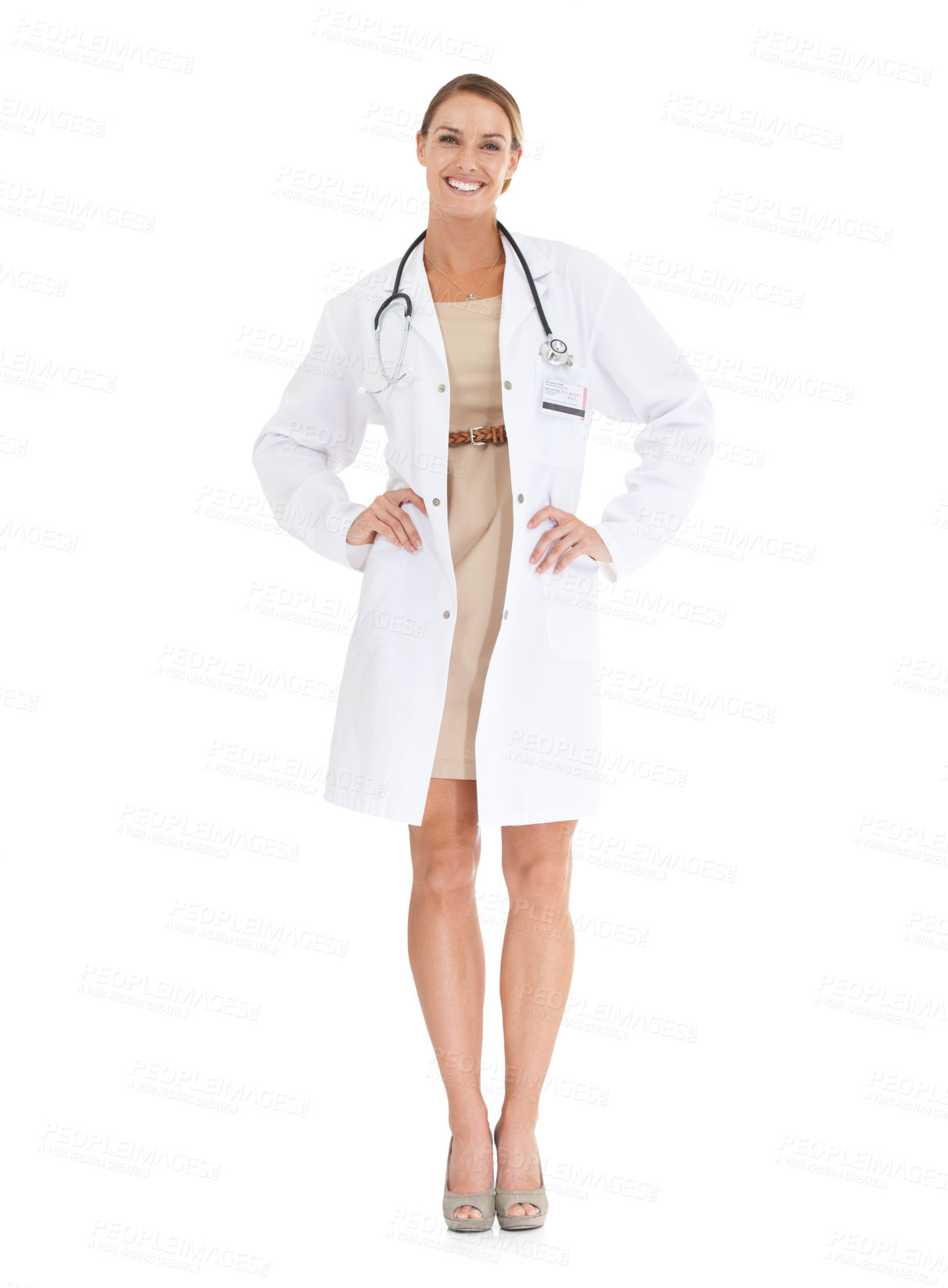 Buy stock photo Doctor, happy woman or portrait in studio with pride or confidence in medical career as cardiologist. Full body, coat or medicine consultant with smile or healthcare isolated on white background