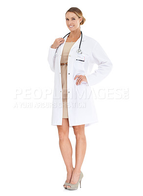 Buy stock photo Doctor, happy woman or portrait in studio with pride or confidence in medical career as cardiologist. Full body, coat or medicine consultant with smile or healthcare isolated on white background 