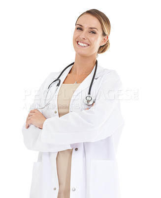 Buy stock photo Doctor, woman and portrait with arms crossed for healthcare service, clinic and hospital career on a white background. Happy face of medical worker or person with professional health or job in studio
