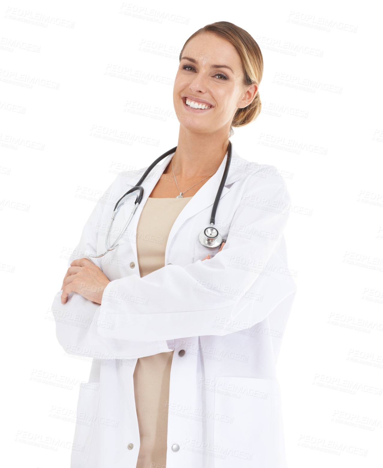Buy stock photo Doctor, woman and portrait with arms crossed for healthcare service, clinic and hospital career on a white background. Happy face of medical worker or person with professional health or job in studio