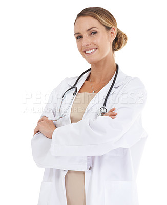 Buy stock photo Doctor, happy woman or arms crossed in studio or portrait with confidence in medical career as cardiologist. Pride, coat or medicine consultant with smile or healthcare isolated on white background
