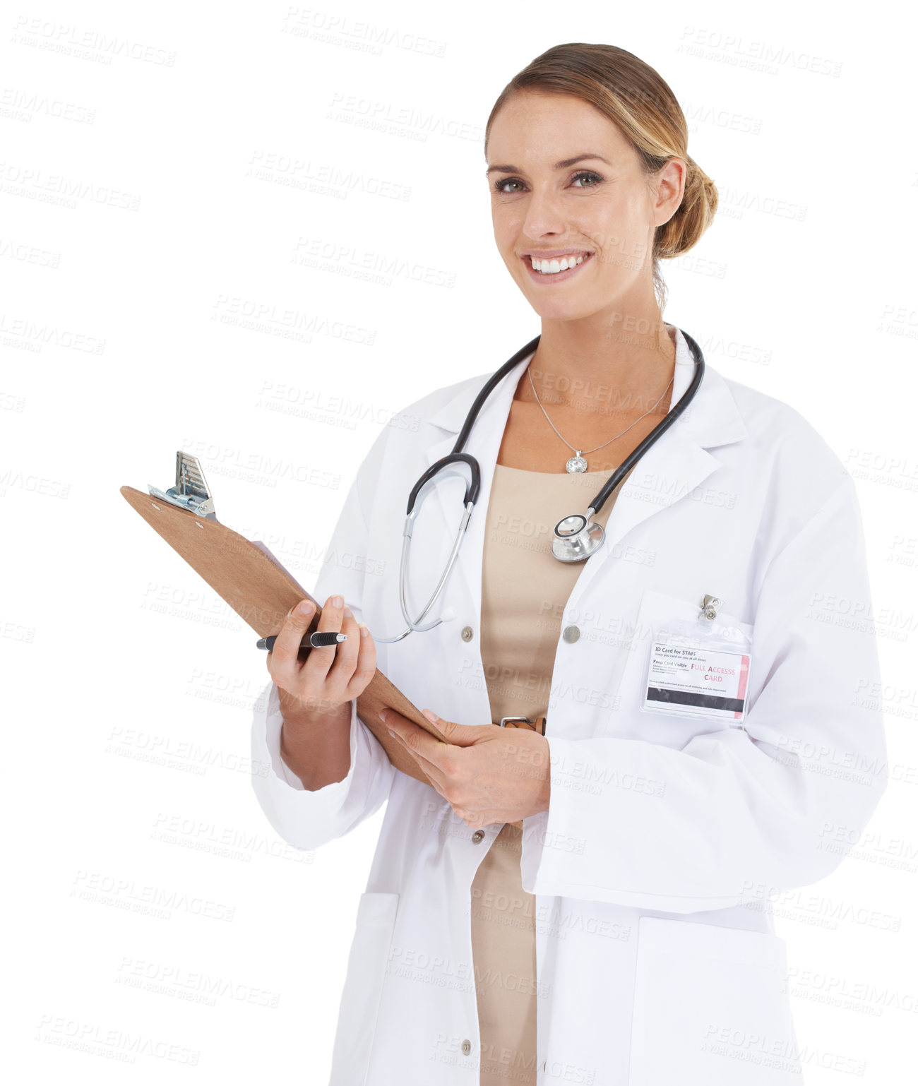 Buy stock photo Woman, doctor and portrait with checklist in studio for medical service, assessment and consultation. Professional or healthcare worker with documents, clipboard and clinic test on a white background