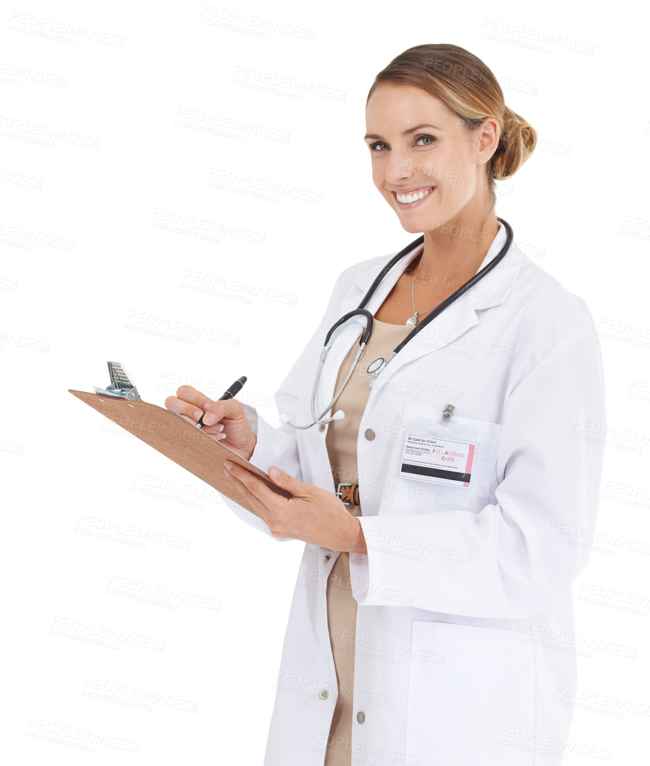 Buy stock photo Woman, doctor and portrait with checklist in studio for medical research, assessment or writing of clinic results. Happy healthcare worker with notes, clipboard and services on a white background