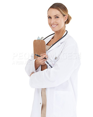 Buy stock photo Happy woman, doctor or portrait with checklist in studio for research, assessment or writing of clinic results. Help, white background or healthcare worker with notes, clipboard or smile for services