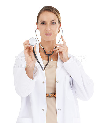Buy stock photo Doctor, woman and stethoscope in a studio portrait for cardiology, healthcare and support or check. Professional medical worker listening for checkup, patient POV and services on a white background